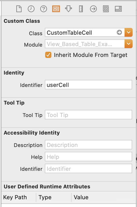 Identity Inspector for Table Cell View